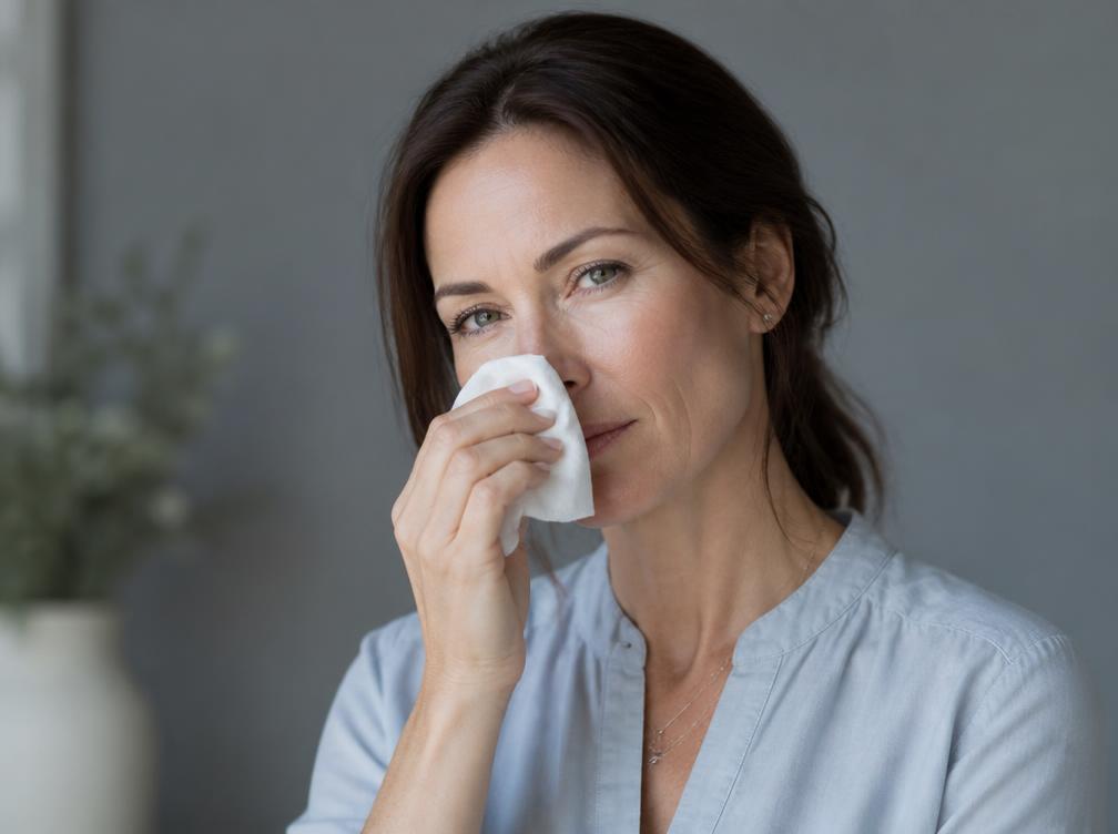 Patientin mit Taschentuch bei allergischem Schnupfen